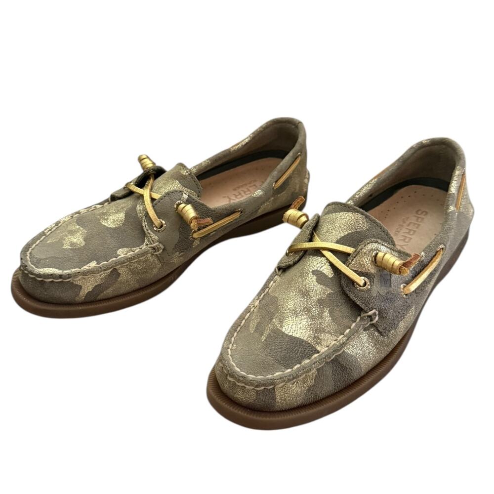 Sperry Green Gold Metallic Camouflage Top Sider Loafer Size 7.5